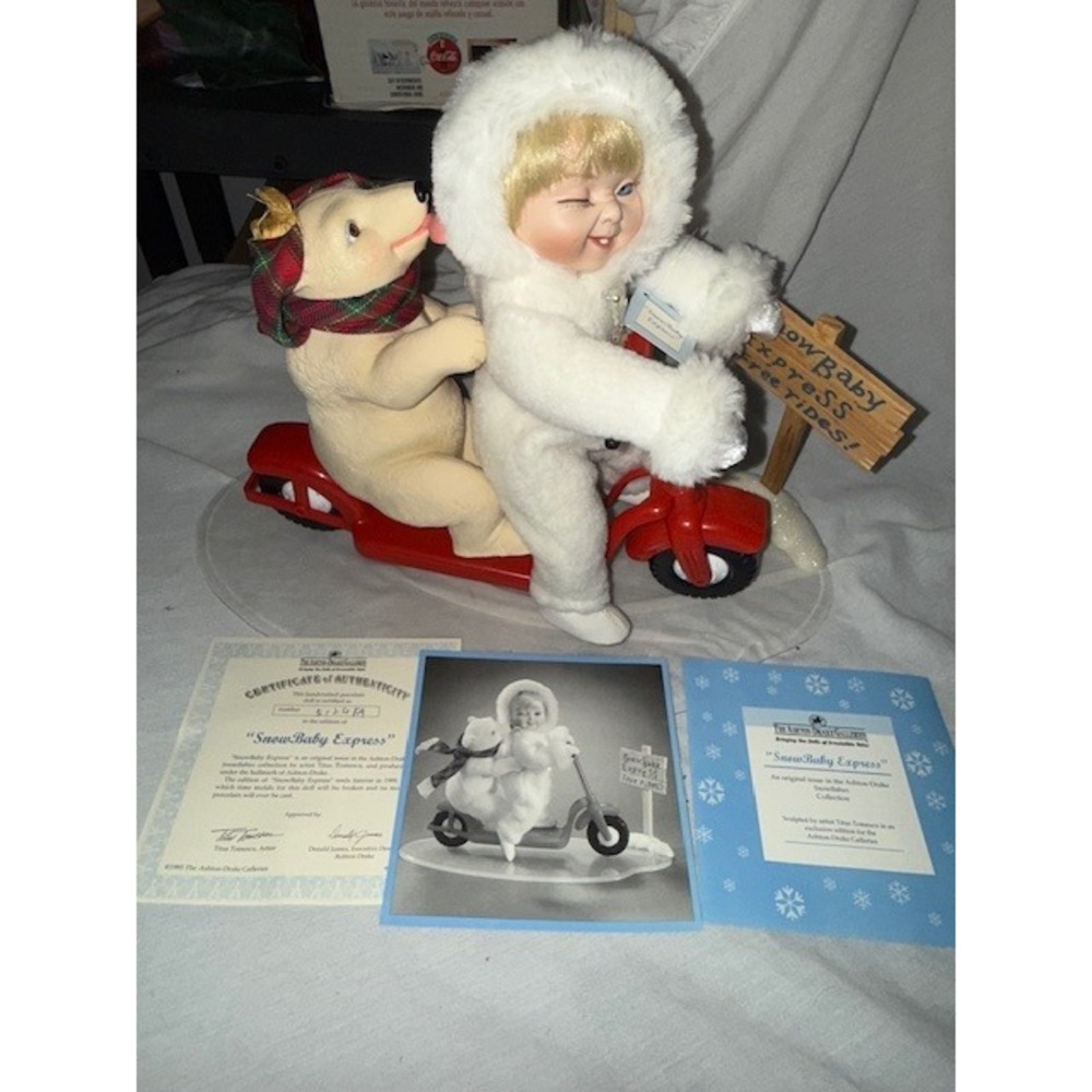 Ashton Drake SnowBaby‎ Express Porcelain Doll Bear on Scooter COA Collectible